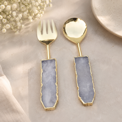 Clear Quartz Salad Server – Gold Finish – Set of 2 — natural coffin-shaped stone handles, gold finish