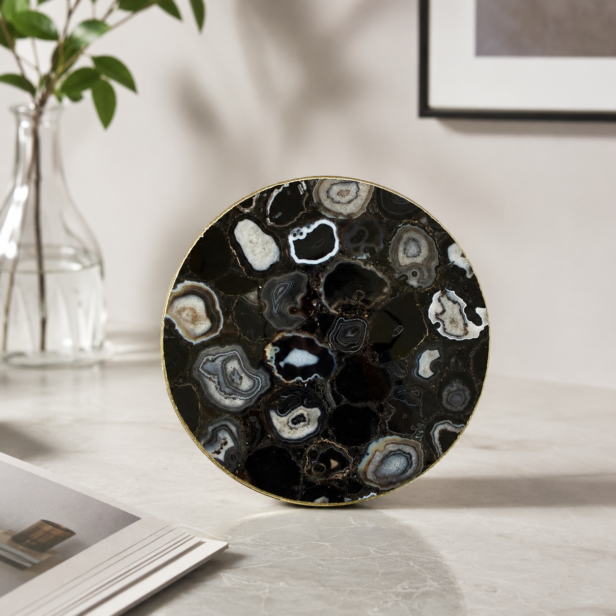 Black Agate Lazy Susan — Turntable Centrepiece — finish options, gold, silver, rose gold