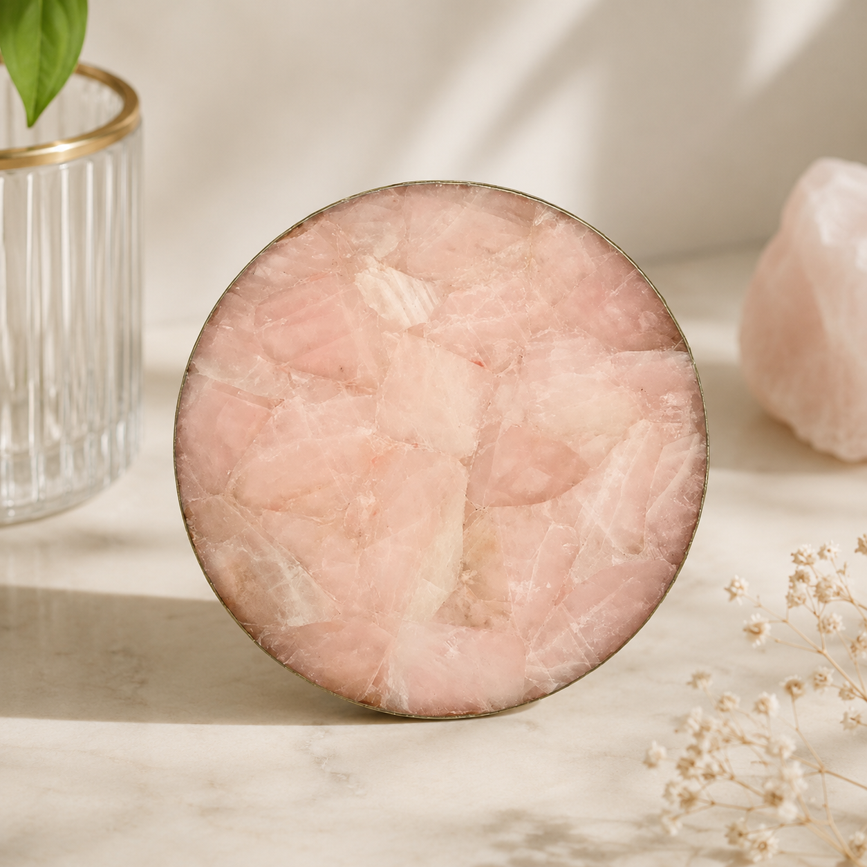 Rose Quartz Lazy Susan — Turntable Centrepiece — finish options, gold, silver, rose gold