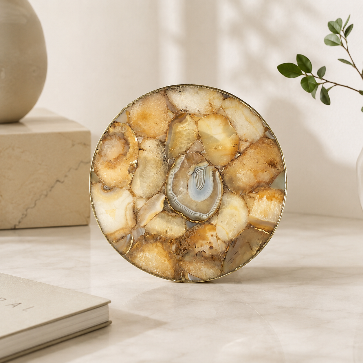 Golden Brown Agate Lazy Susan — Turntable Centrepiece — finish options, gold, silver, rose gold
