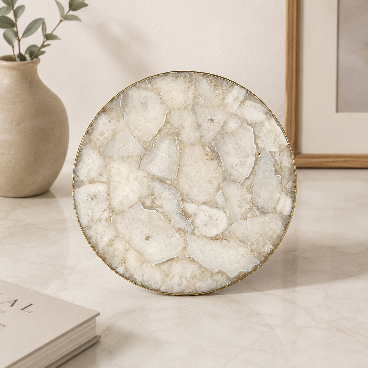 White Agate Lazy Susan — Turntable Centrepiece — finish options, gold, silver, rose gold