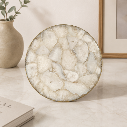 White Agate Lazy Susan — Turntable Centrepiece — finish options, gold, silver, rose gold