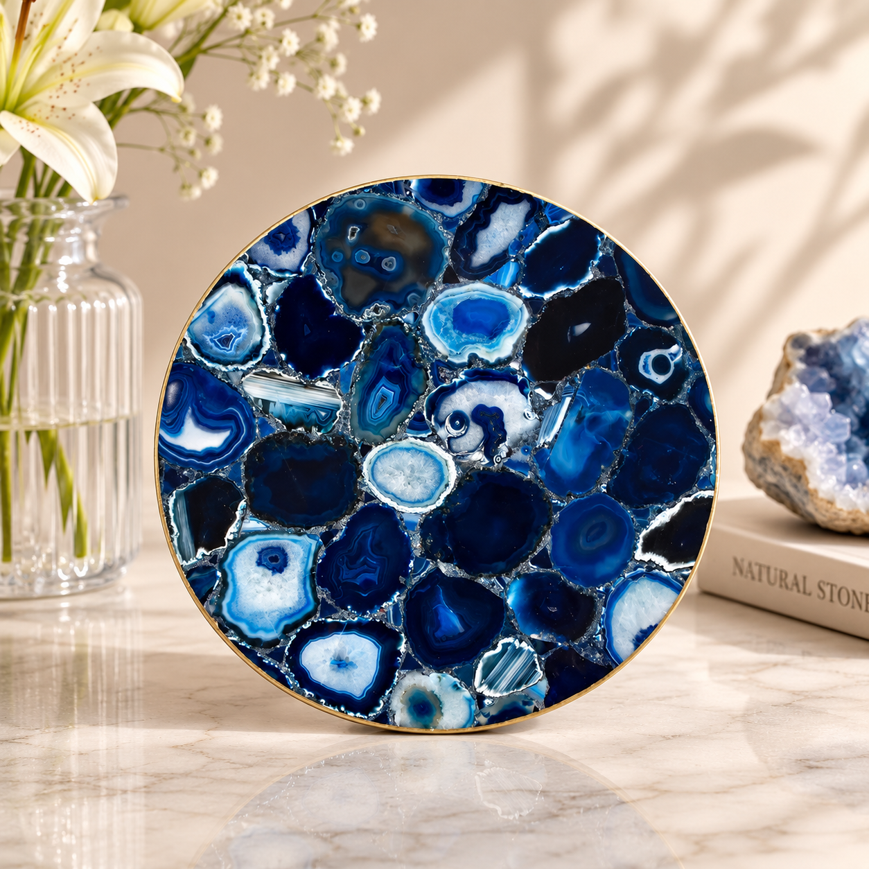 Blue Agate Lazy Susan — Turntable Centrepiece — finish options, gold, silver, rose gold