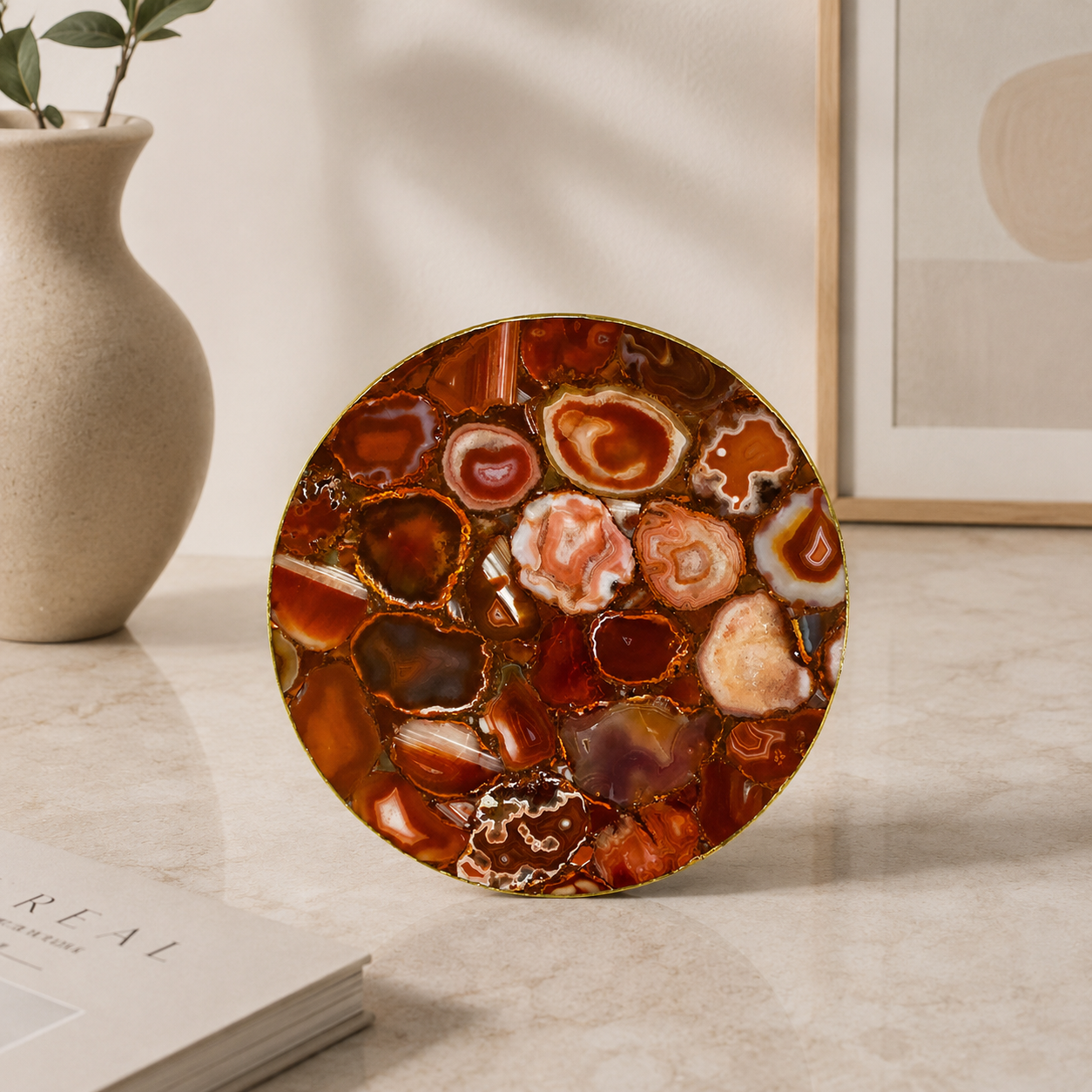 Red Agate Lazy Susan — Turntable Centrepiece — finish options, gold, silver, rose gold