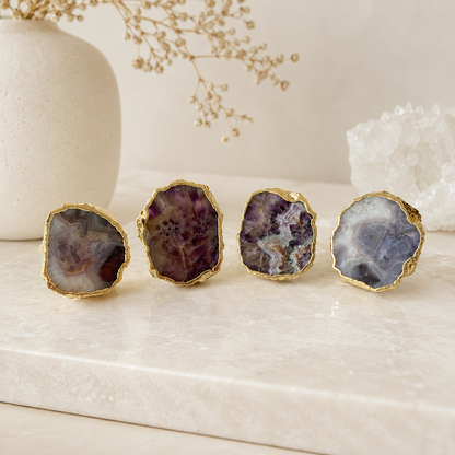 Amethyst Napkin Rings – Set of 4 — natural stone with electroformed edge