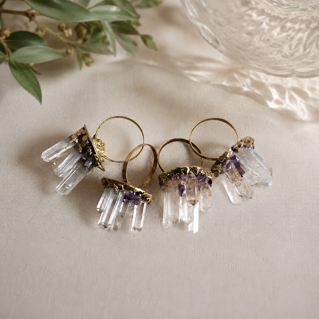 Clear Quartz Crystal Napkin Rings – Set of 4 — natural stone with electroformed edge