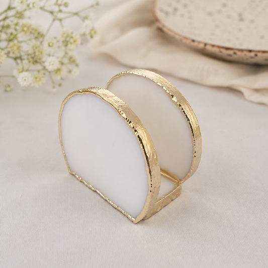 Hand Rounded White Agate Napkin Holder – finish options, gold, silver, rose gold