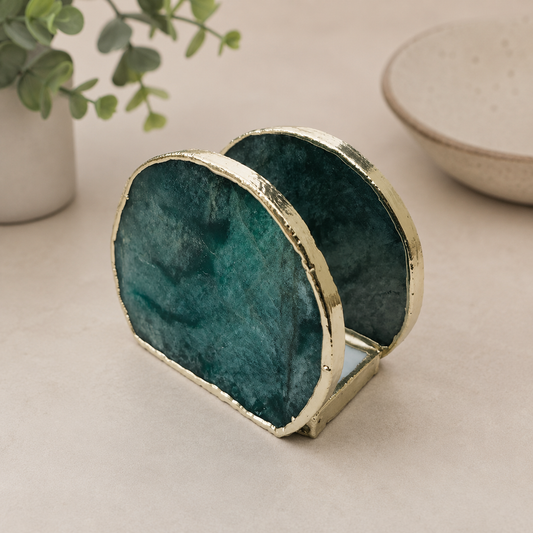 Hand Rounded Green Agate Napkin Holder – finish options, gold, silver, rose gold