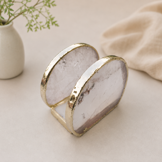 Hand Rounded Clear Quartz Napkin Holder – finish options, gold, silver, rose gold