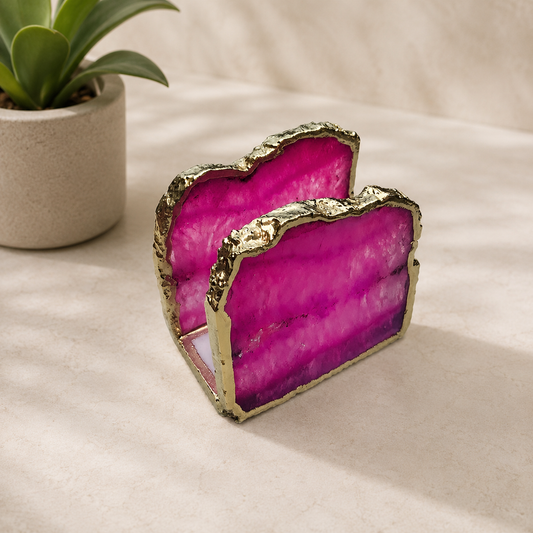 Pink Agate Napkin Holder – finish options, gold, silver, rose gold