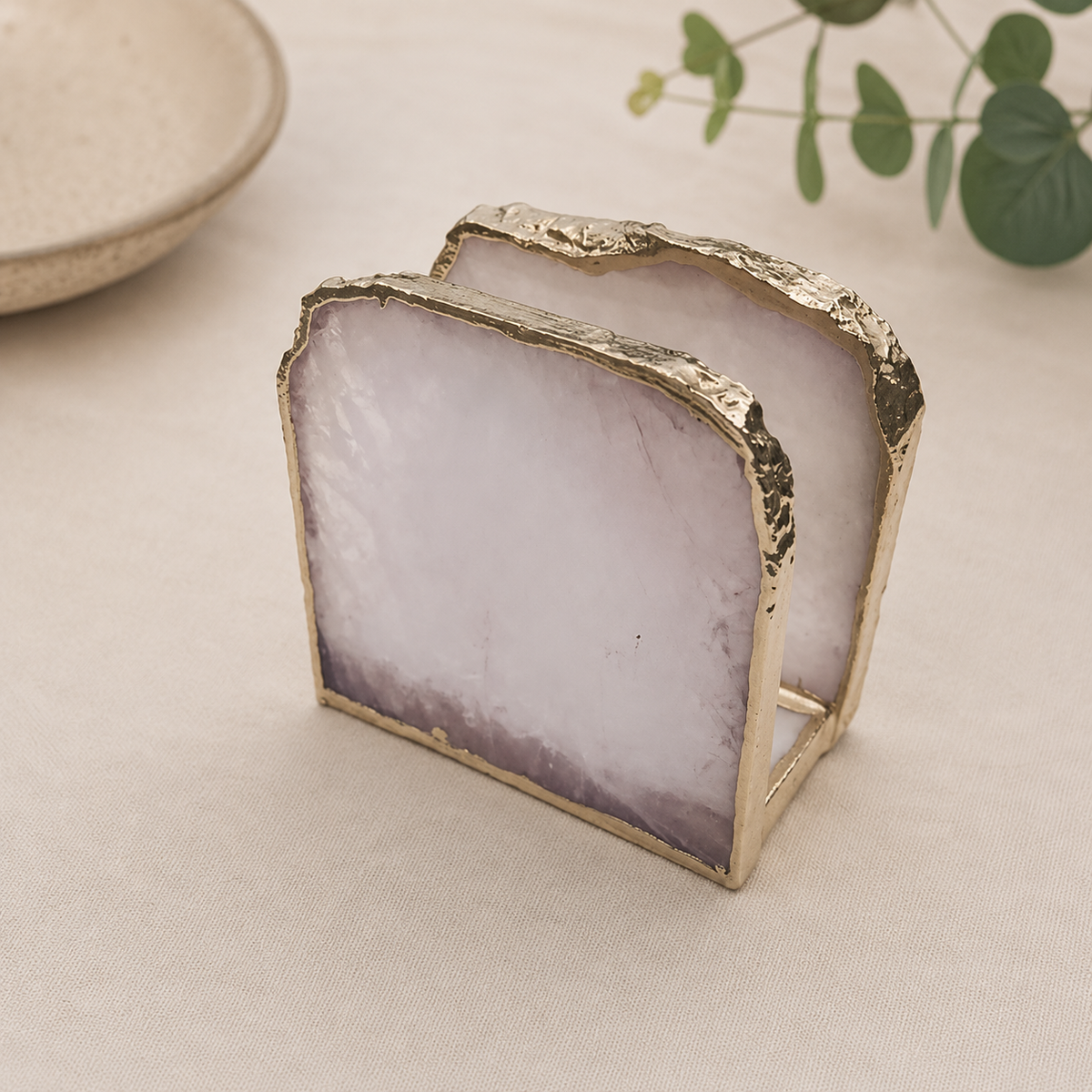 Rose Quartz Napkin Holder, finish options in gold, silver and rose gold