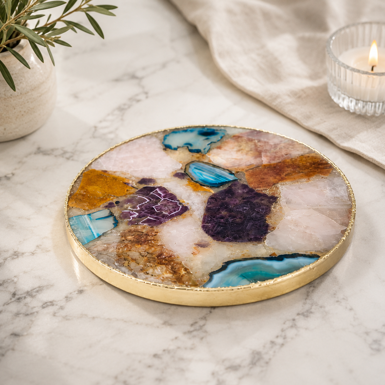 Multicoloured Agate Cheese Platter Round – finish options, gold, silver, rose gold