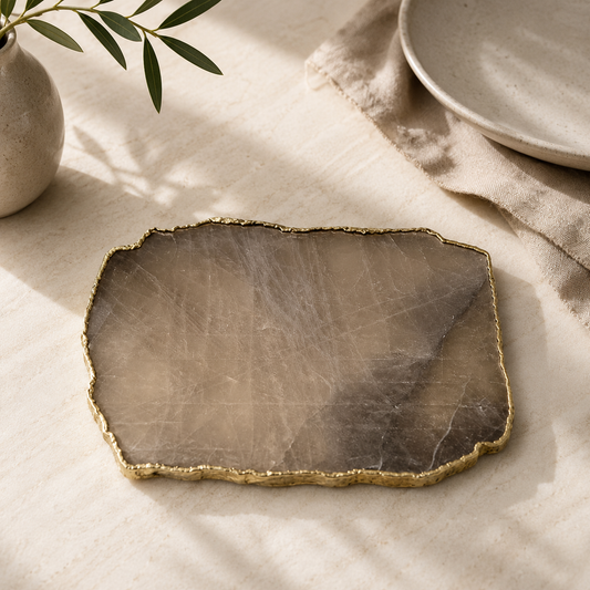 Smoky Grey Quartz Cheese Platter – finish options, gold, silver, rose gold