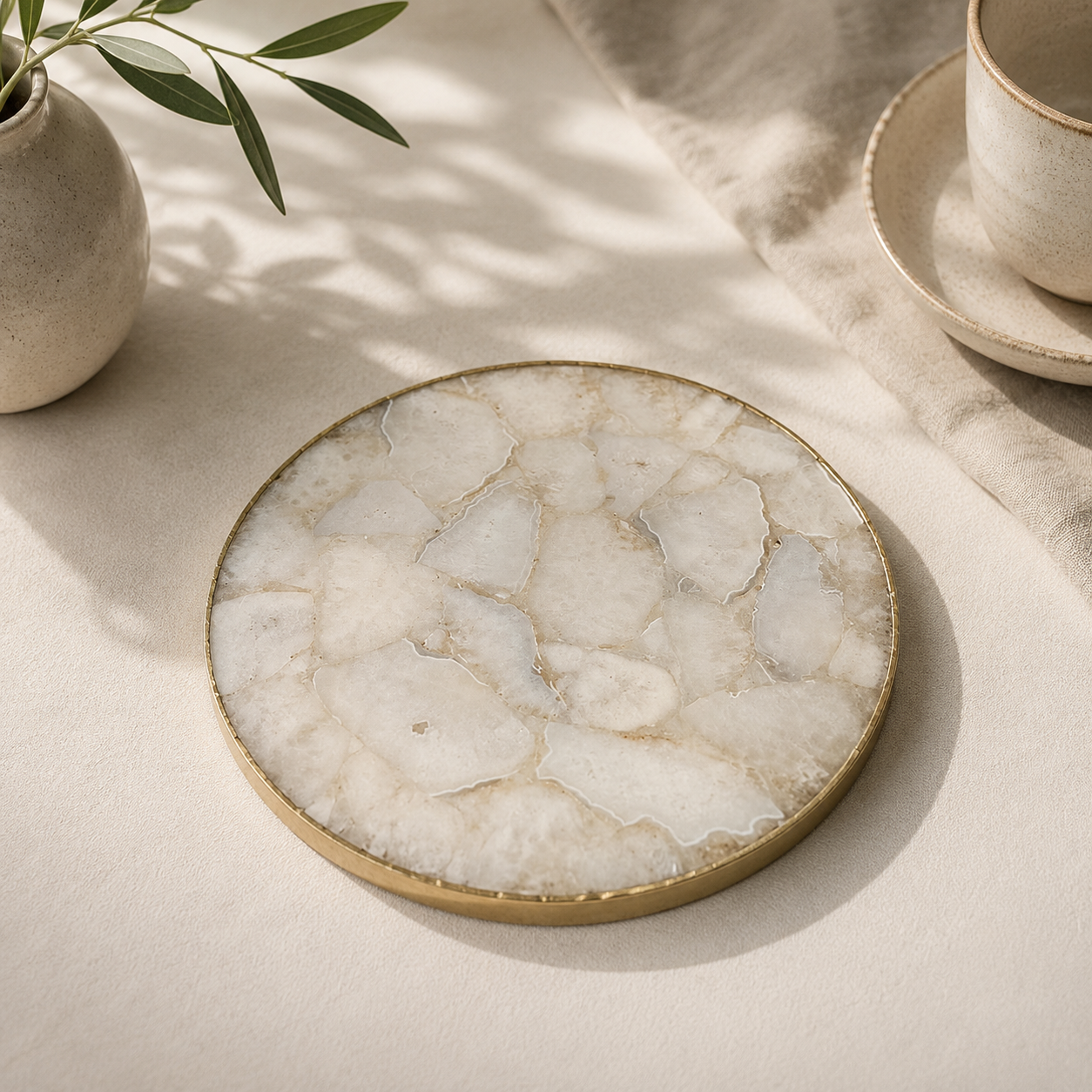 White Crystal Agate Cheese Platter Round – finish options, gold, silver, rose gold