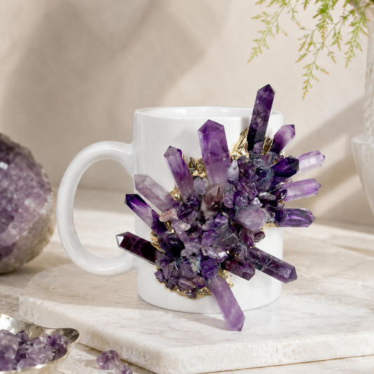 Crystal Points Mug – 13oz white ceramic with raw crystal point cluster, amethyst or black agate