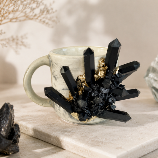 Marble Crystal Mug – 11oz, grey, pink, and green marble styles with crystal points