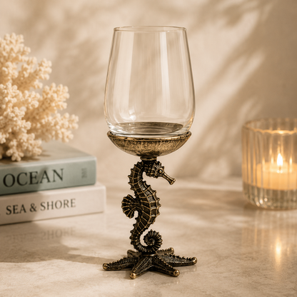 Seahorse Wine Glasses – electroformed seahorse stem — finish options, gold, silver, antique gold