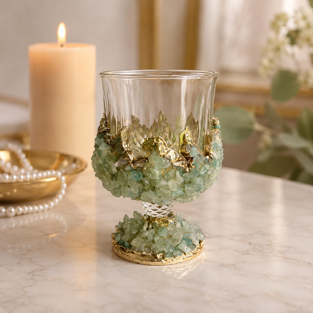 Light Green Agate Crystal Wine Chalice – finish options, gold, silver, rose gold