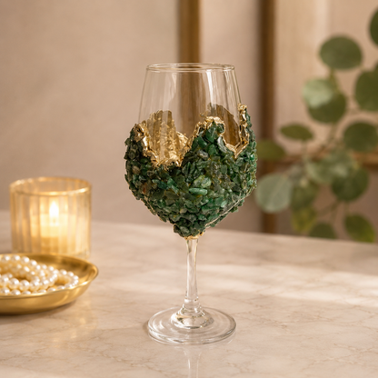 Dark Green Agate Crystal Wine Glass – finish options, gold, silver, rose gold