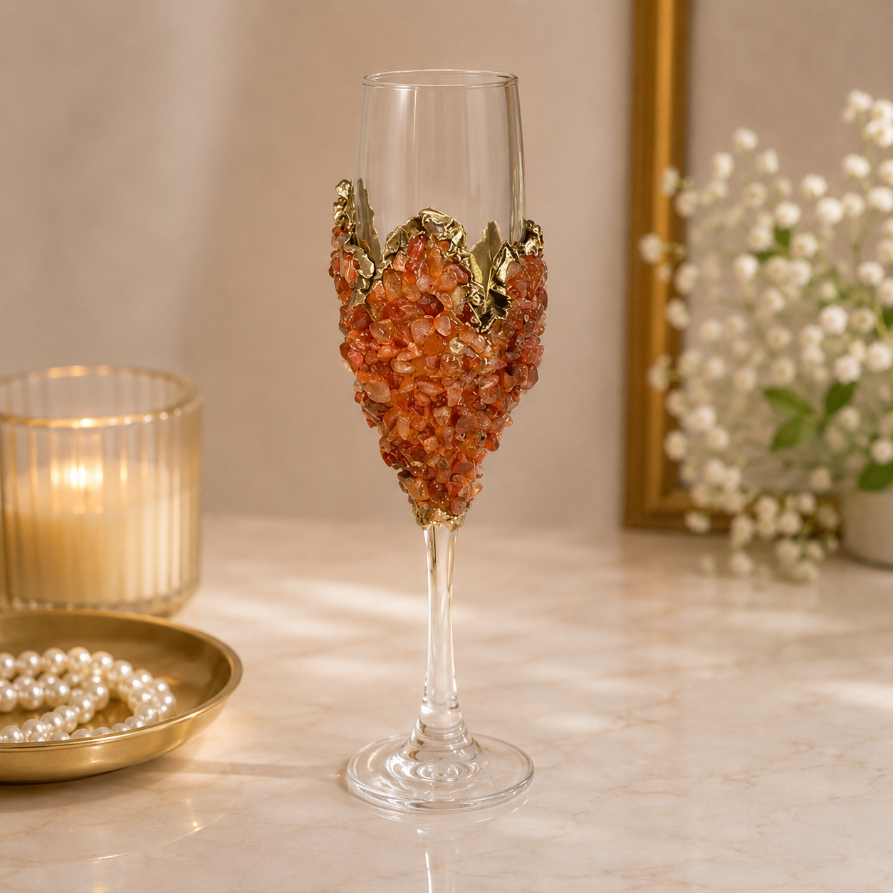 Red Agate Crystal Champagne Glasses – 7 oz — finish options, gold, silver, rose gold