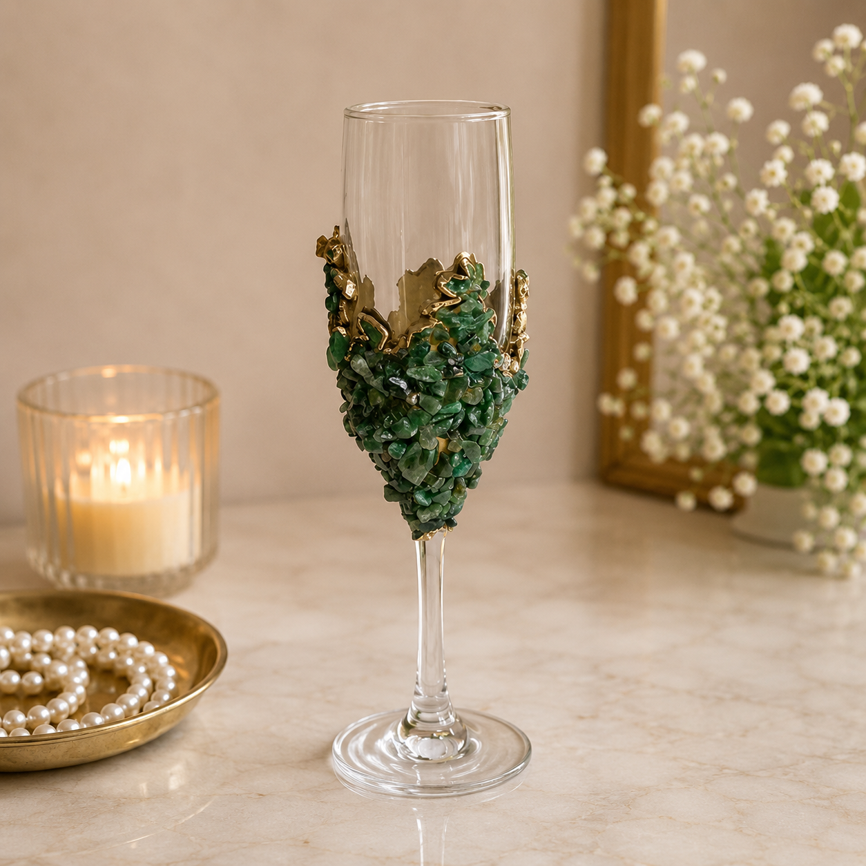 Dark Green Agate Crystal Champagne Glasses – 7 oz — finish options, gold, silver, rose gold