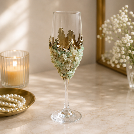 Green Agate Crystal Champagne Glasses – 7 oz — finish options, gold, silver, rose gold