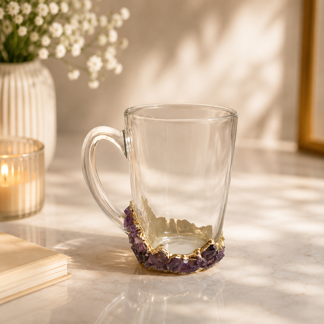 Amethyst Crystal Chip Glass Mug – 11 oz — finish options, gold, silver, rose gold