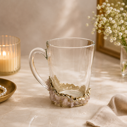 Rose Quartz Crystal Chip Glass Mug – 11 oz — finish options, gold, silver, rose gold
