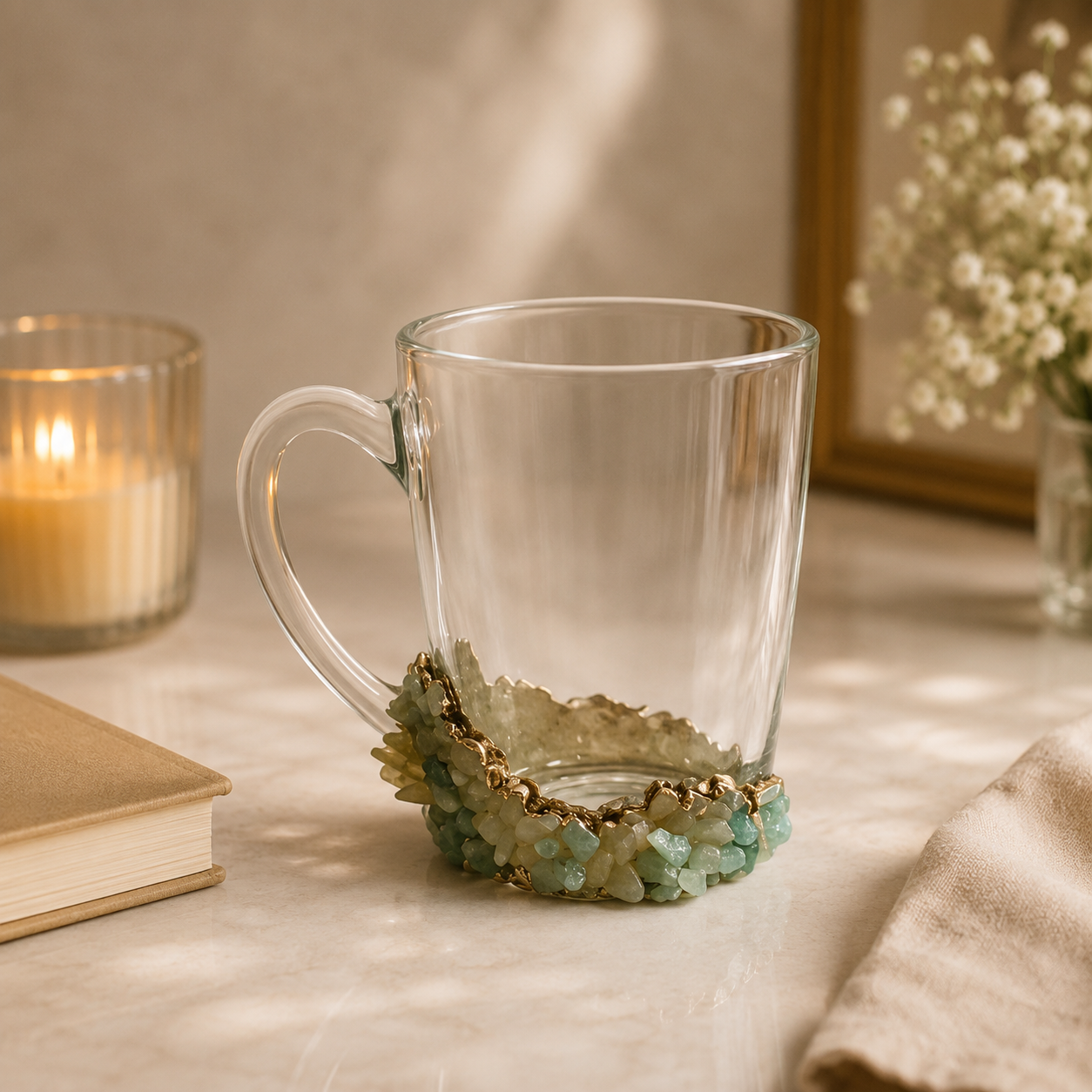Green Aventurine Crystal Chip Glass Mug – 11 oz — finish options, gold, silver, rose gold