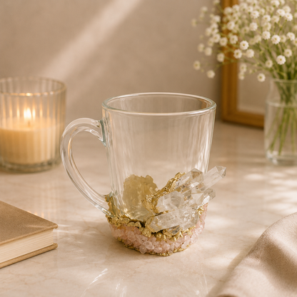 Clear Quartz & Rose Quartz Crystal Glass Mugs – 11 oz — finish options, gold, silver, rose gold