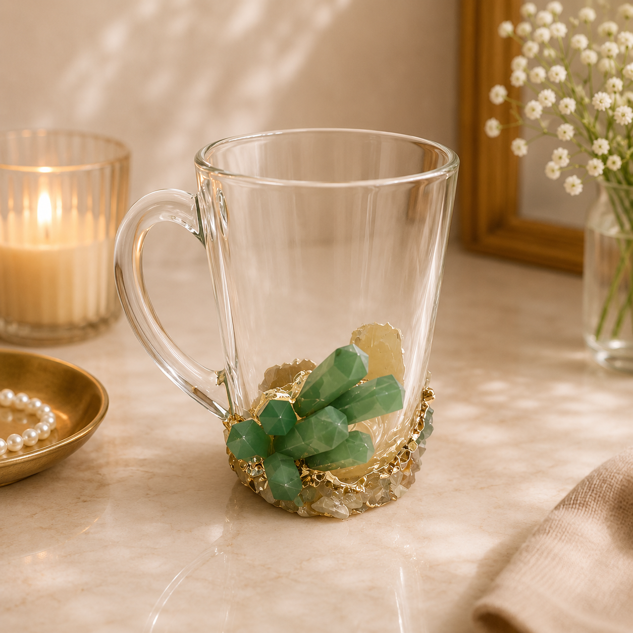 Green Agate Crystal Glass Mugs – 11 oz — finish options, gold, silver, rose gold
