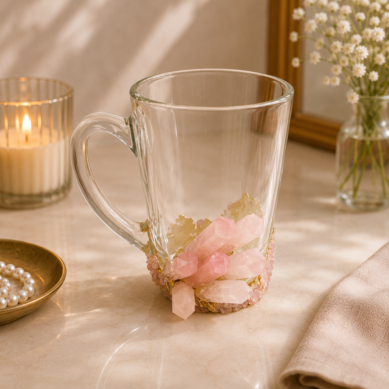 Rose Quartz Crystal Glass Mugs – 11 oz — finish options, gold, silver, rose gold