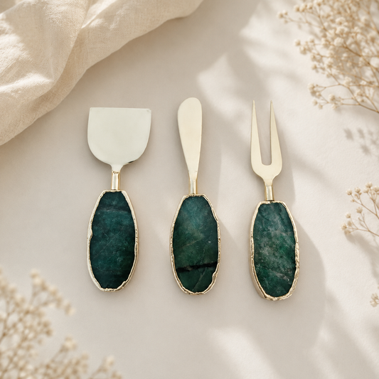 Green Agate Oval Cheese Board Set – Set of 3 — oval green stone handles, gold or silver finish