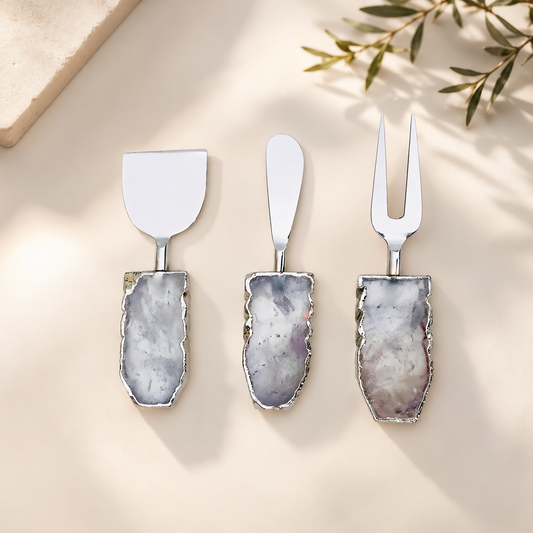 Clear Quartz Slab Cheese Board Set – Set of 3 — large organic raw-edge quartz handles, silver finish