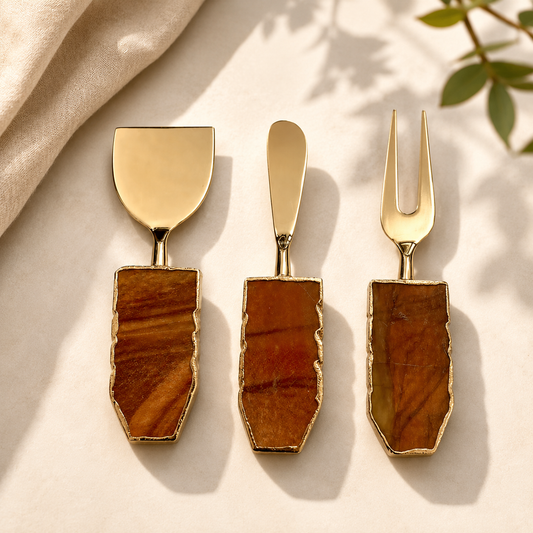 Rust Brown Agate Slab Cheese Board Set – Set of 3 — terracotta slab handles, gold finish