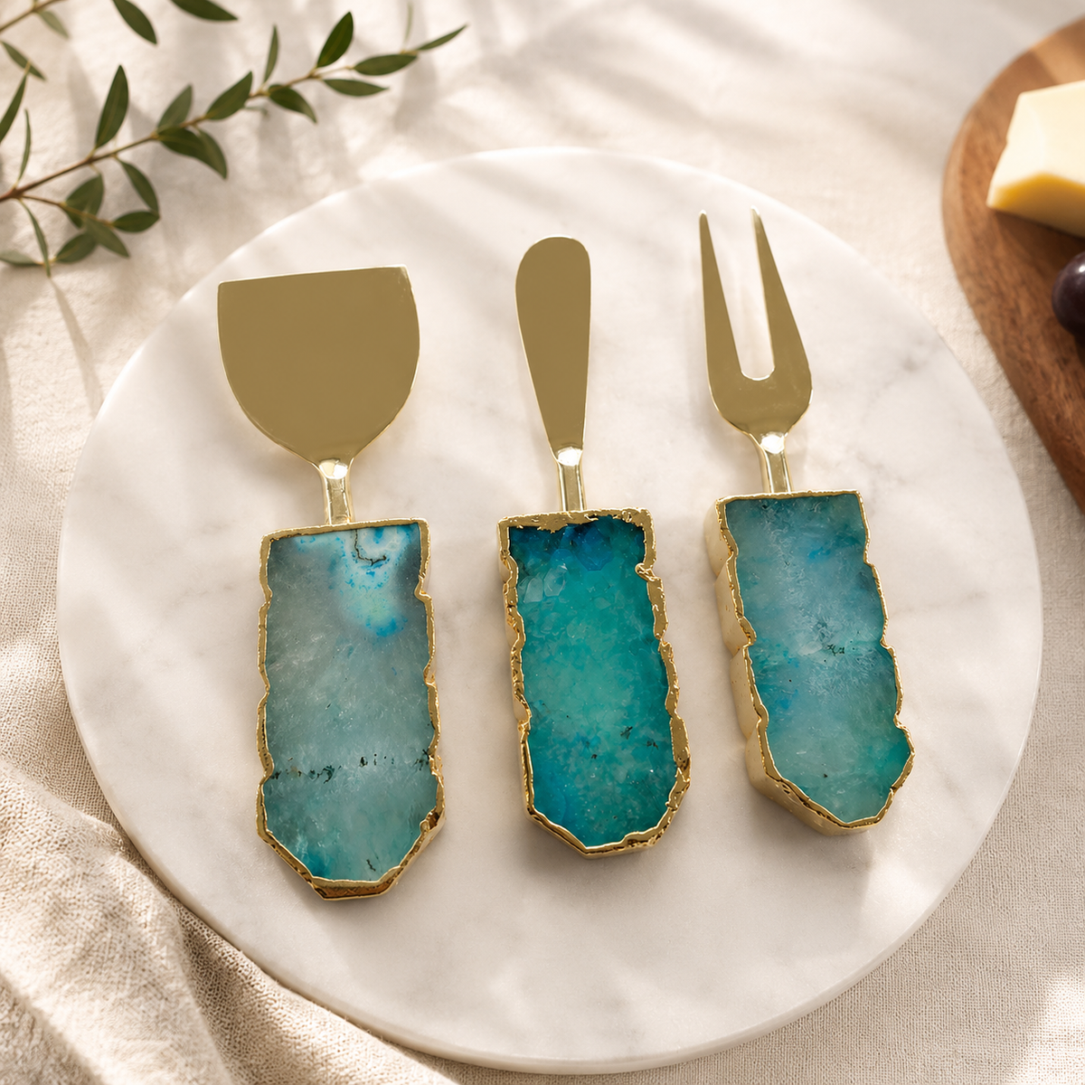 Aqua Agate Slab Cheese Knife Set, set of 3, aqua-teal slab handles, gold finish