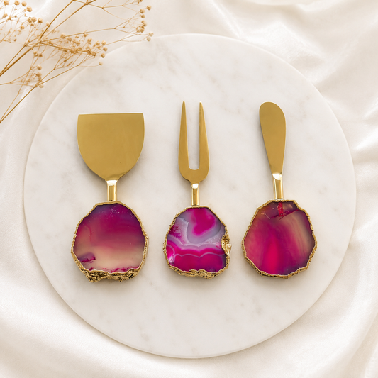 Pink Agate Slice Cheese Board Set – Set of 3 — organic teardrop handles, gold finish