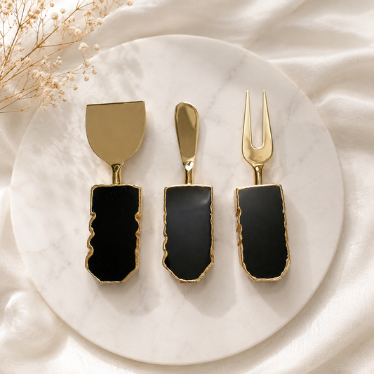 Black Agate Slab Cheese Board Set – Set of 3 — jet-black slab handles, gold finish