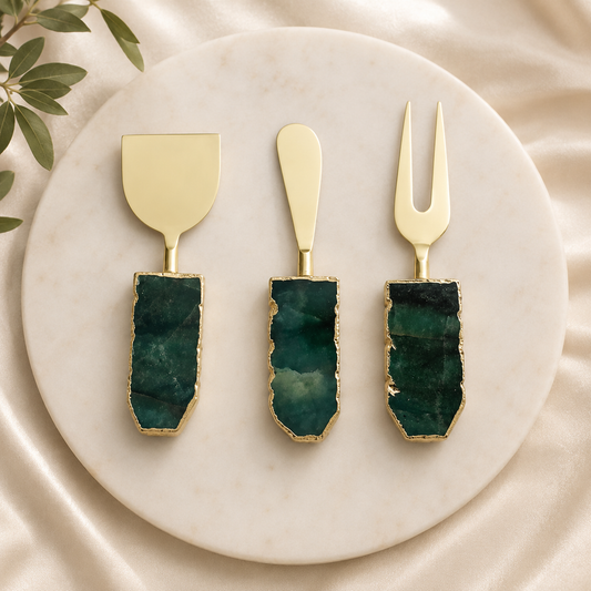 Green Agate Slab Cheese Board Set – Set of 3 — forest-green slab handles, silver finish