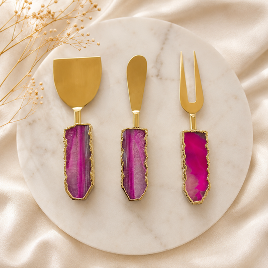 Pink Agate Slab Cheese Board Set – Set of 3 — vivid magenta slab handles, gold finish