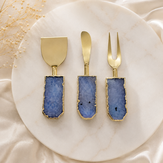 Blue Agate Slab Cheese Board Set – Set of 3 — periwinkle stone handles, gold finish