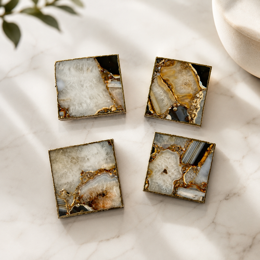 Brown & White Agate Square Coasters – Set of 4 — finish options, gold, silver, rose gold