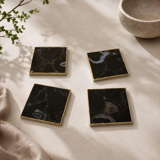 Black Agate Square Coasters – Set of 4 — finish options, gold, silver, rose gold