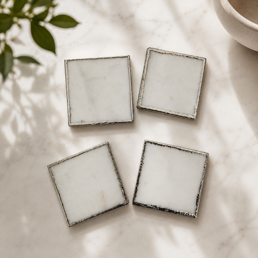 White Marble Square Coasters – Set of 4 — finish options, gold, silver, rose gold