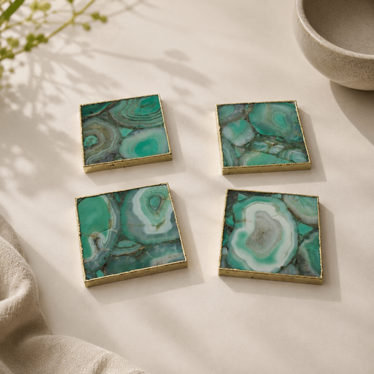 Green Agate Square Coasters – Set of 4 — finish options, gold, silver, rose gold