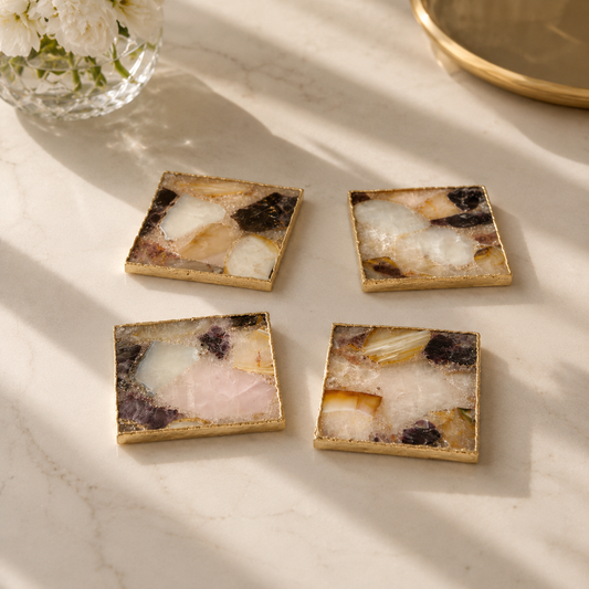 Raw Mixed Agate Square Coasters – Set of 4 — finish options, gold, silver, rose gold