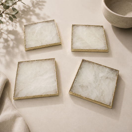 White Agate Square Coasters – Set of 4 — finish options, gold, silver, rose gold