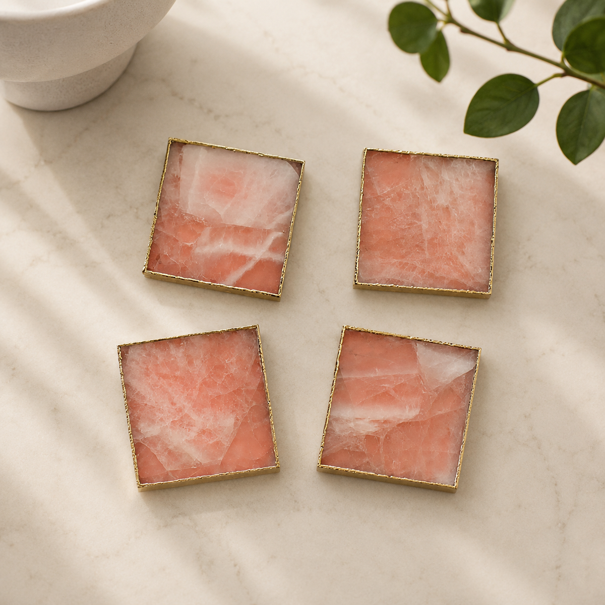 Rose quartz square coasters, set of 4, finish options in gold, silver and rose gold