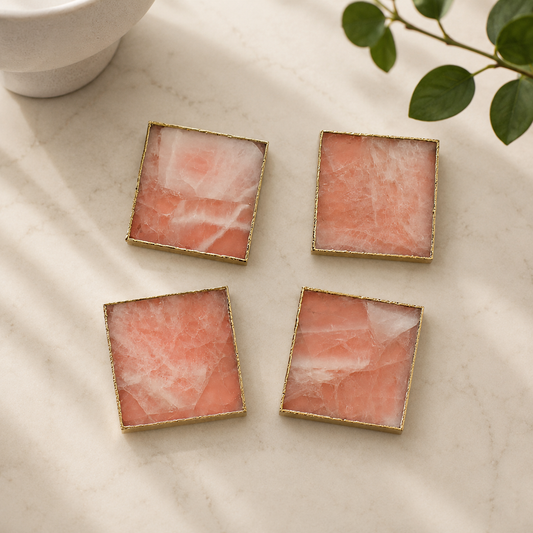 Rose Quartz Square Coasters – Set of 4 — finish options, gold, silver, rose gold