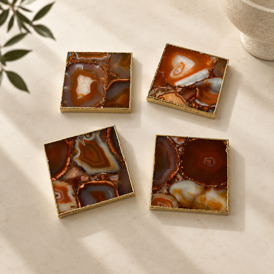 Red Agate Square Coasters – Set of 4 — finish options, gold, silver, rose gold